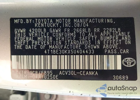 2005 Toyota Camry Le from USA, damaged, VIN 4T1BE30KX5U404433